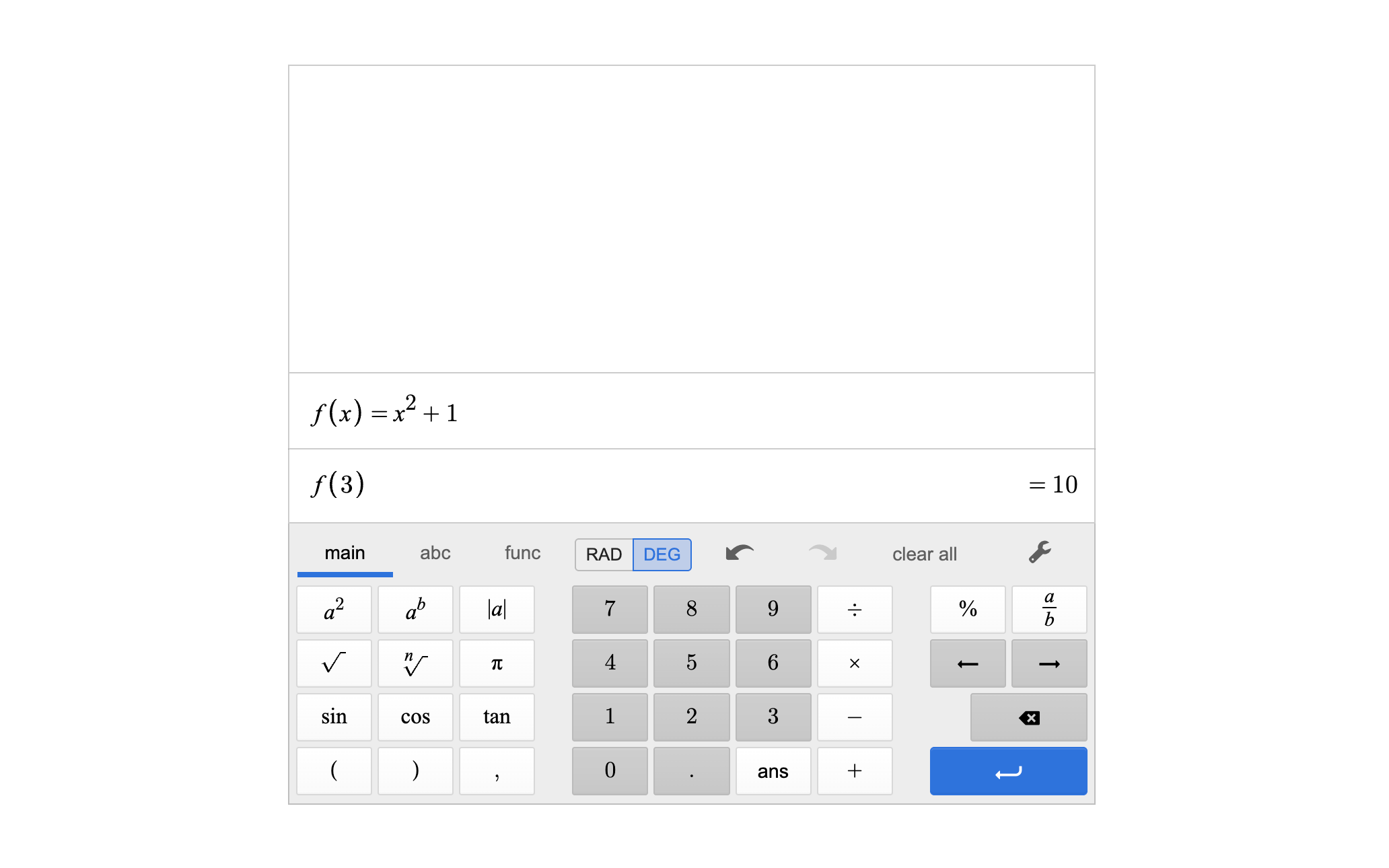 Scientific calculator showing the function f(x)= x squared plus 1, with f(3) evaluated and returning a result of 10. Screenshot.