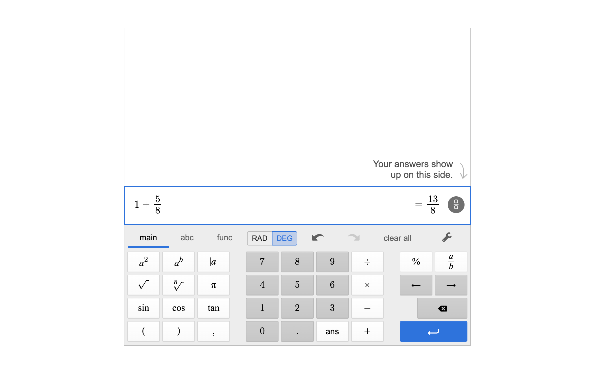 Scientific calculator showing 1 + ⅝ evaluated to 13/8, with the fraction icon pressed. Screenshot.