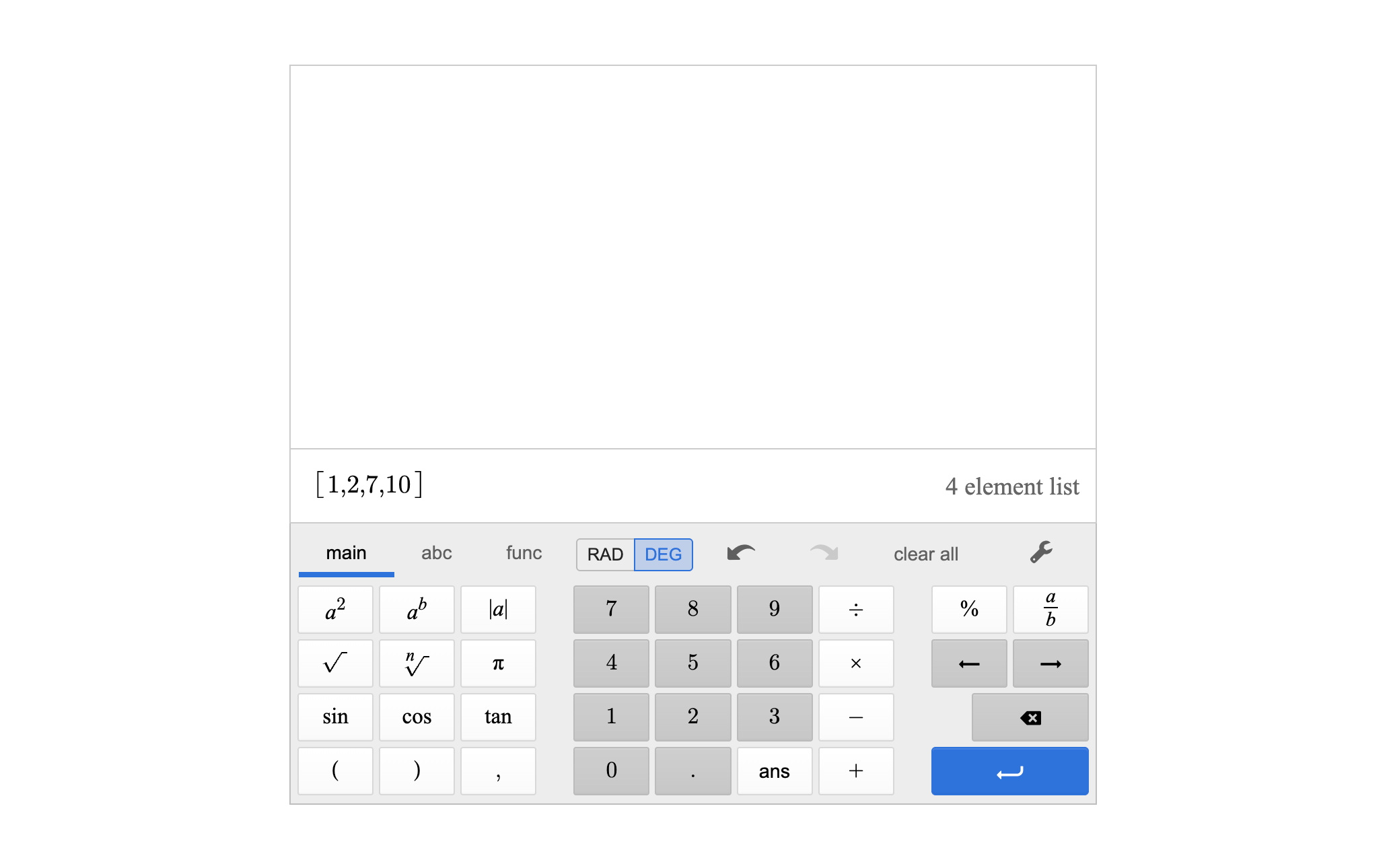A list in square brackets containing 1, 2, 7, and 10, labeled as a 4 element list. Screenshot.