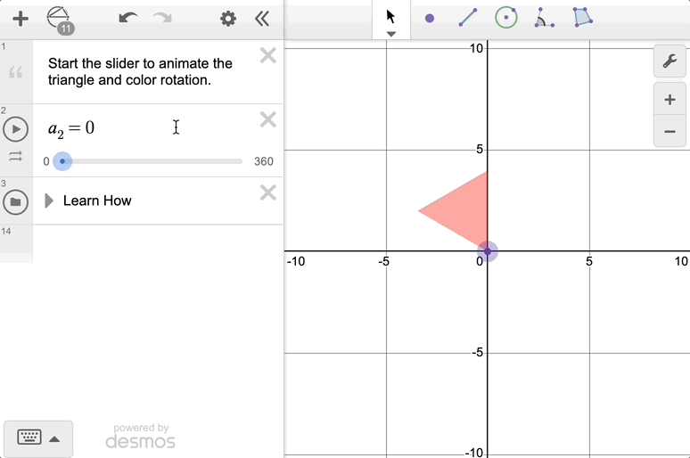 Animation of the Geometry tool showing a slider starting at 0 and triangle rotating around the origin.