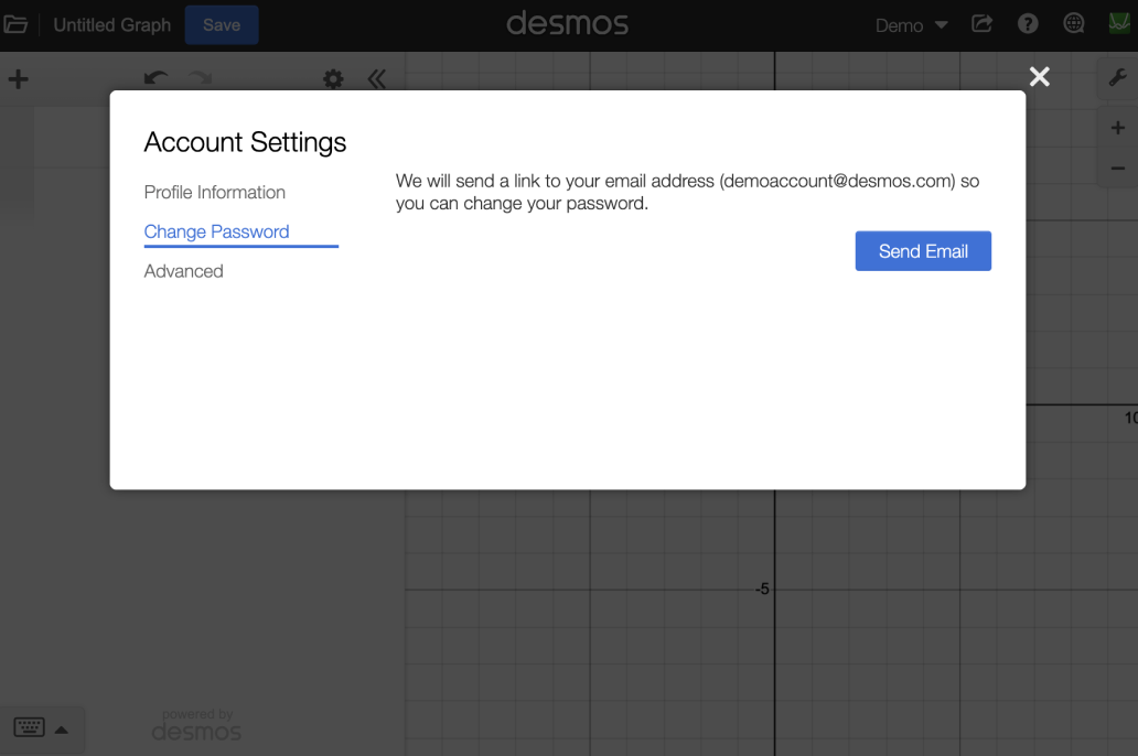 Screenshot of Account Settings pop up on the Change Password section showing a Send Email button.