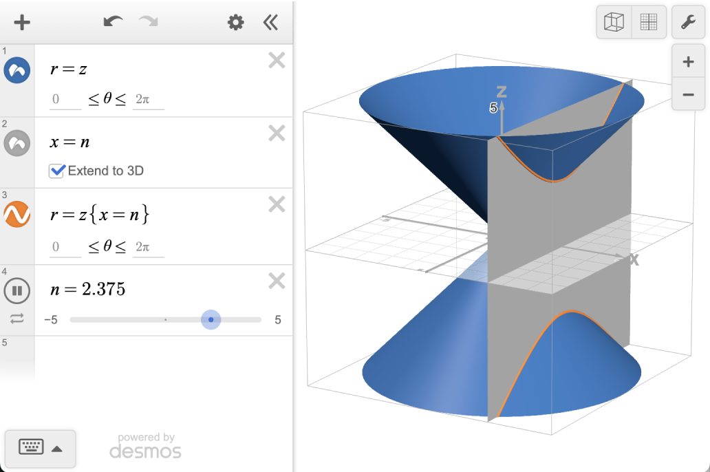 3D graph showing the slices of a conic section. Screenshot.