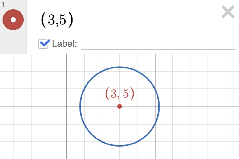 Image of a circle with center labeled (3,5). Screenshot.