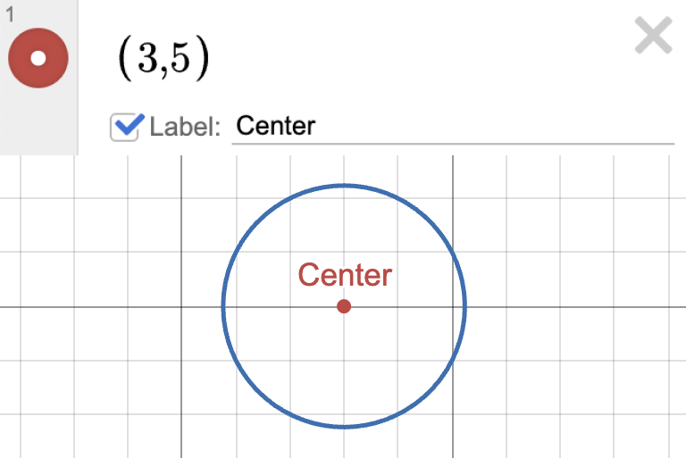 Image of a circle with the center (3,5) labeled as center. Screenshot