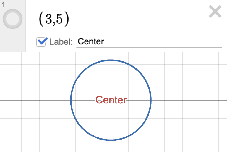 Image of a circle with center at (3,5) labeled as center with coordinate point toggled off.  Screenshot.