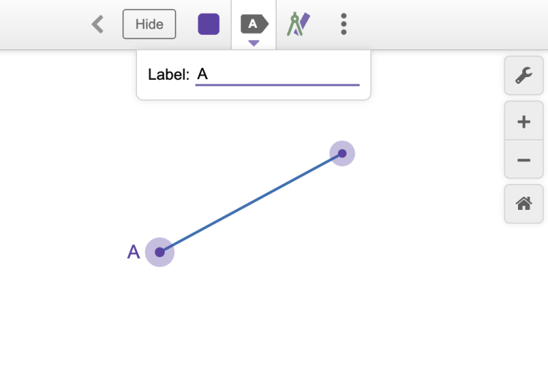 Image of a line created in the geometry tool with a point selected, the more options menu open, and the label box checked showing label: A.