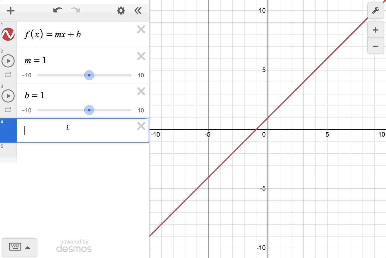GIF showing creating a dynamic label with the line y=mx+b moving two sliders for m and b.