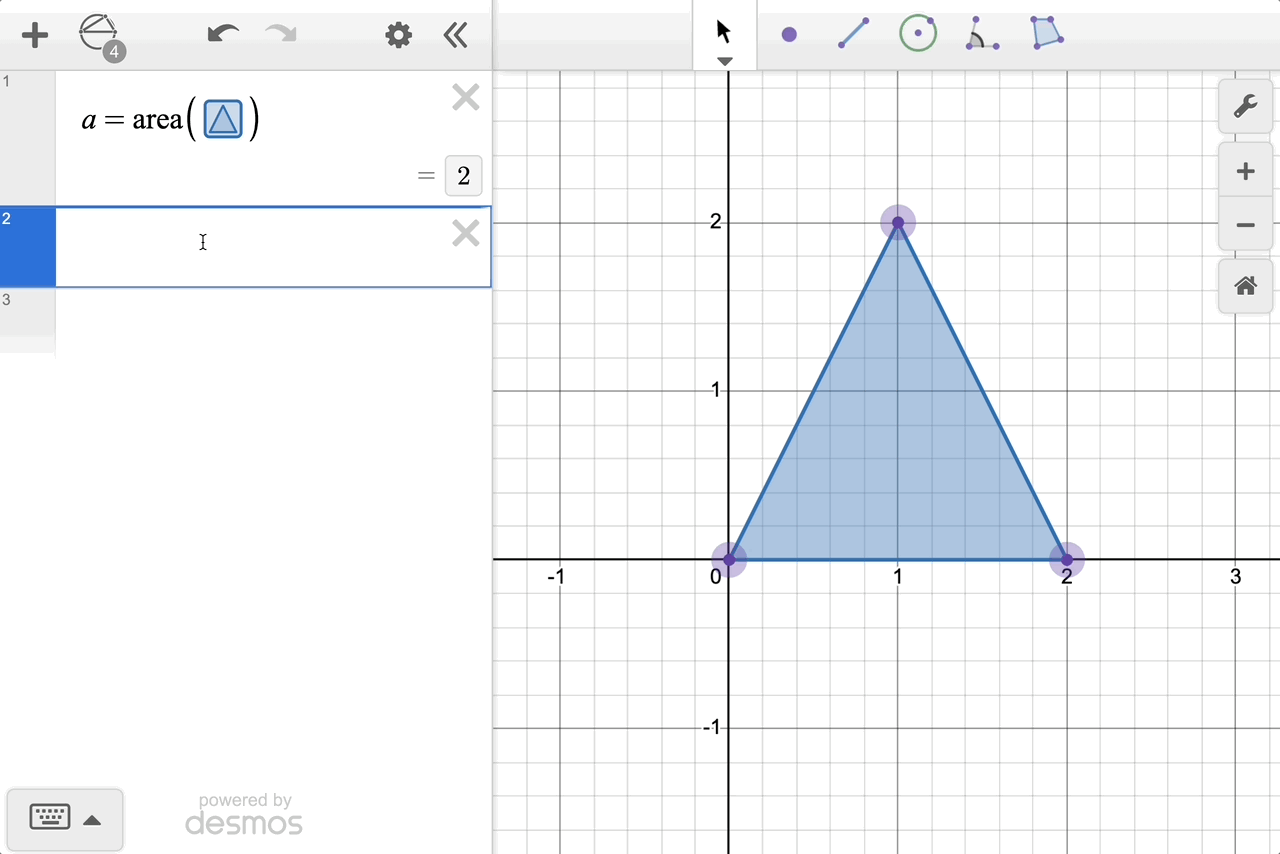 GIF created in Geometry of a triangle with a dynamic label for area. As you drag the top vertex of the triangle, the area changes.