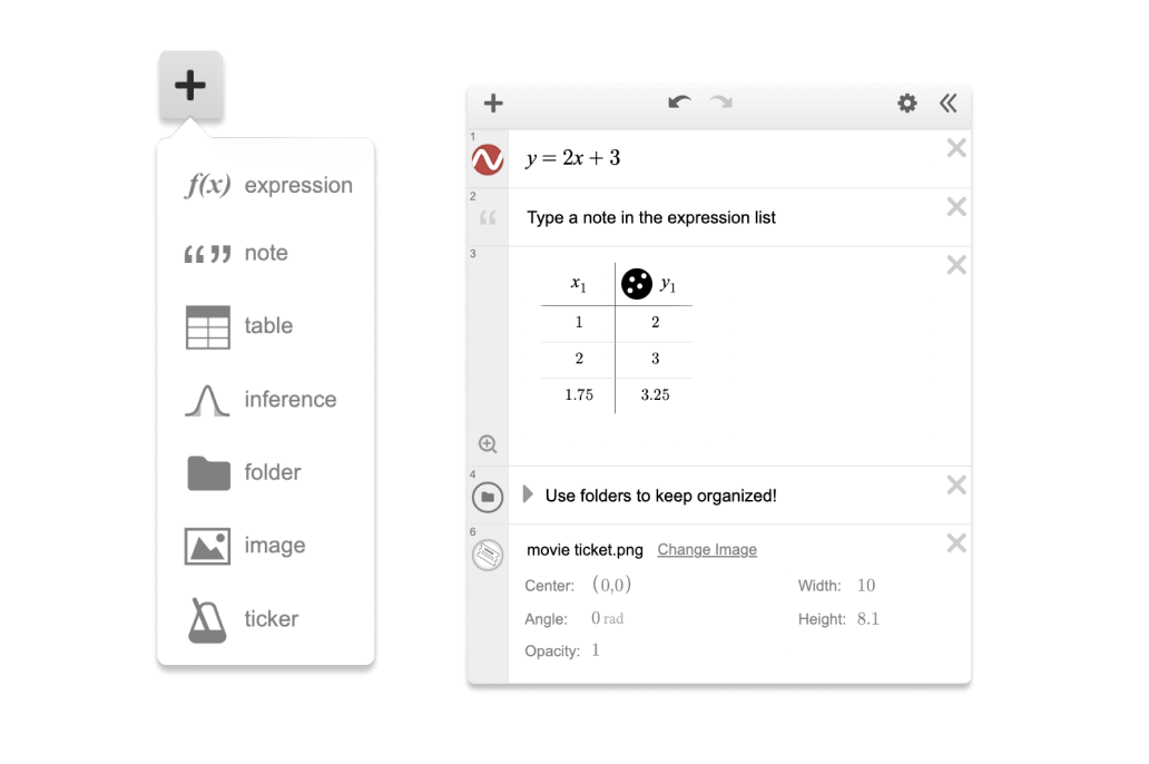 Add item Menu. Example of each type of item in the add item menu. Screenshot.