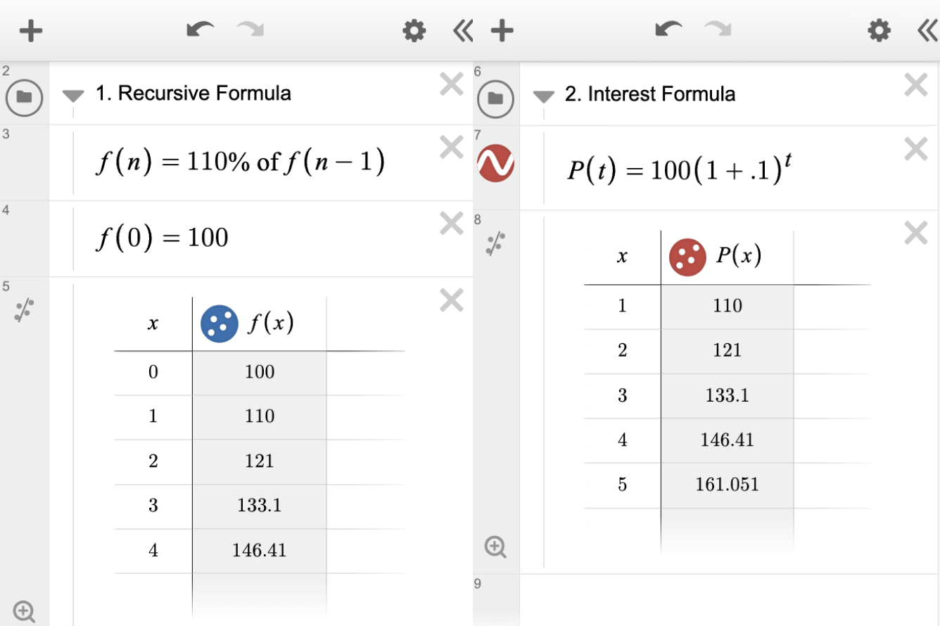 Side by side screenshot comparing the Recursive Formula and Interest Formula to calculate compound interest.