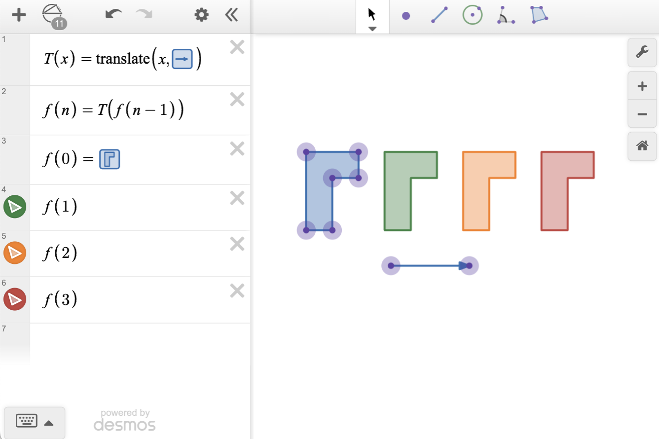 Screenshot of a recursively defined translation function in Geometry. There is an L shaped translated 3 times.