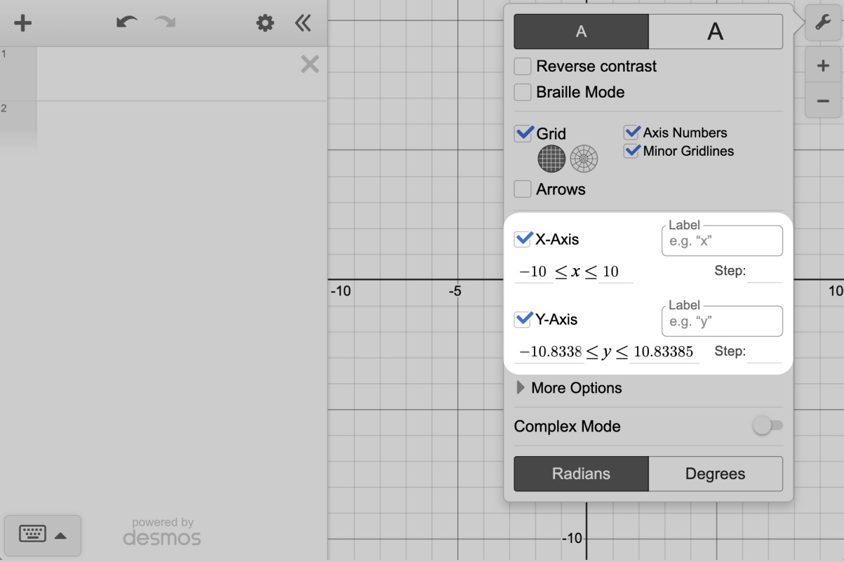 Screenshot of graph settings menu where you can adjust the lower bound, upper bound, step, and label of the axes.