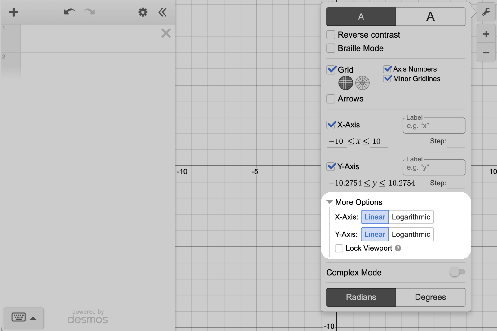 Graph settings menu with arrow pointing at the 'Lock Viewport' option. Screenshot.