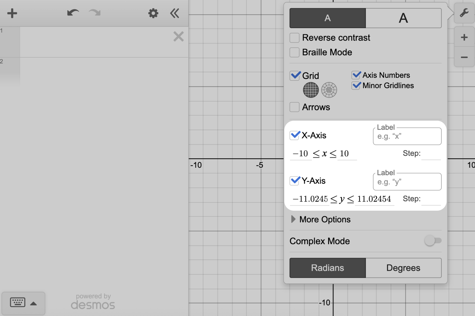 Screenshot of graph settings menu highlighting where you can toggle axis on/off and add axis labels.