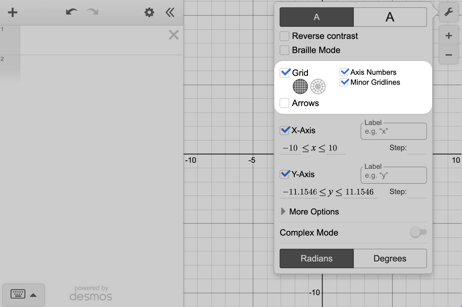 Screenshot pointing to the grid options in the graph settings menu.