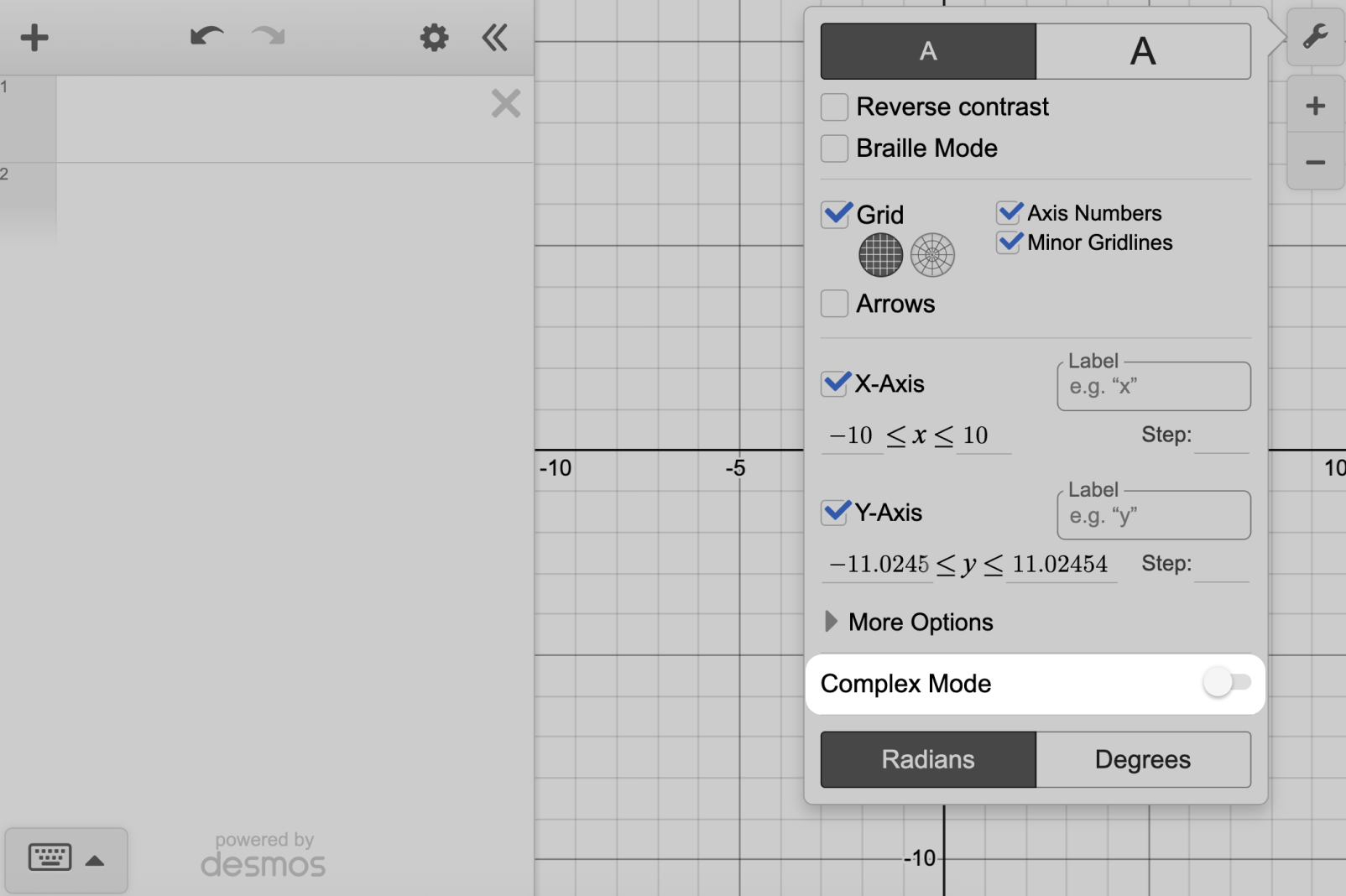 Screenshot of the option to turn on complex mode in the settings menu of the graphing calculator.