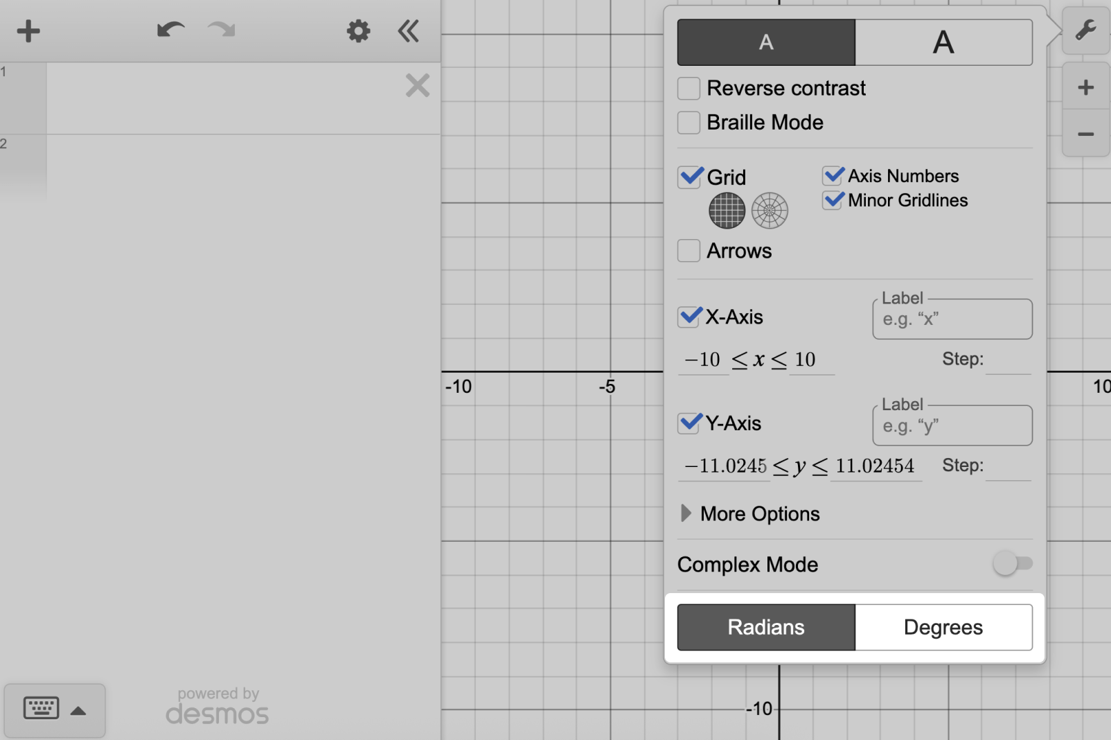 Screenshot pointing to the Radian/Degree toggle in the Graph Settings menu.
