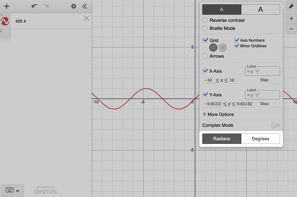 Desmos Graphing Calculator Graph Settings Menu With Radians And Degree Selection Called Out. Screenshot.