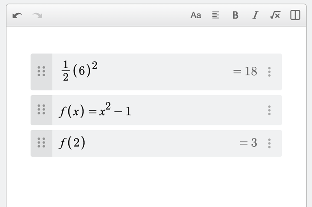 Screenshot of three expression lines showing (1/2)(6)^2 evaluated to 18, f(x)=x^2-1, and f(2) evaluated to 3.