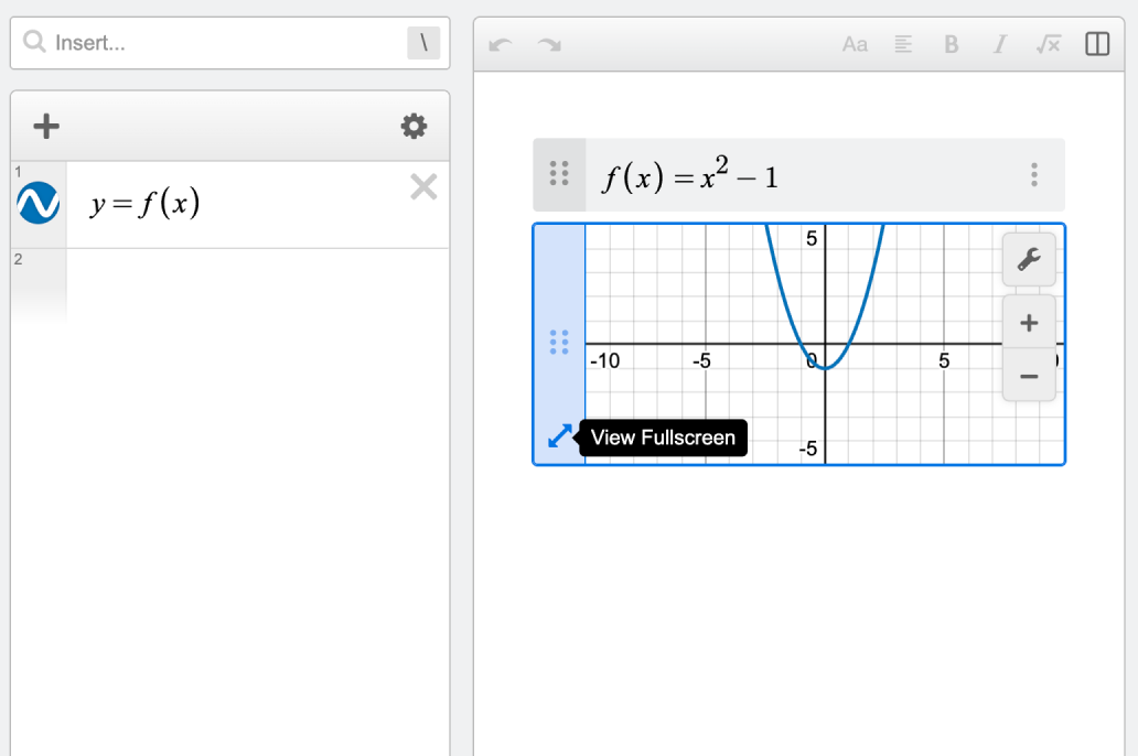 Screenshot of f(x)=x^2-1 in an expression line and y=f(x) plotted in a graph item with its expression list open in the notebook sidebar and “View Fullscreen” tooltip visible on the expand icon.
