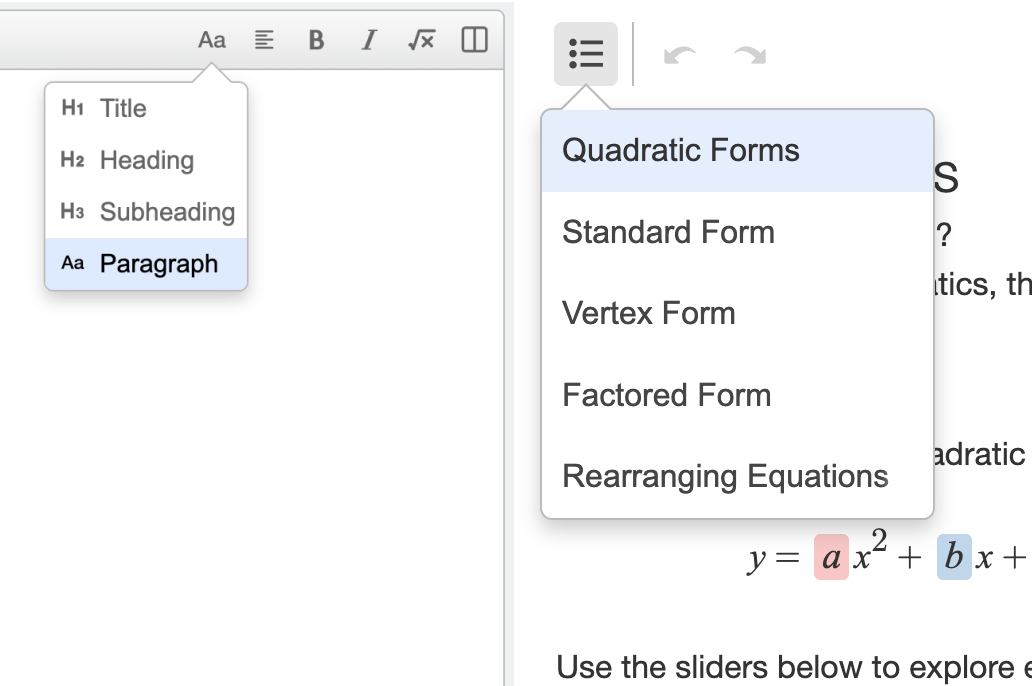 Paragraph styles are open showing title, heading, subheading, and paragraph. This is side-by-side with a ToC example. The ToC icon is open showing Quadratic Forms, Vertex Form, Factored Form, and Rearranging Equations.
