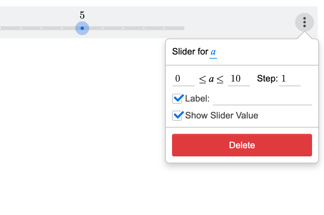 Screenshot of a slider item with its options menu open showing a range of 0 to 10, Label and Show Slider value checked, and a “Go to Definition” button.
