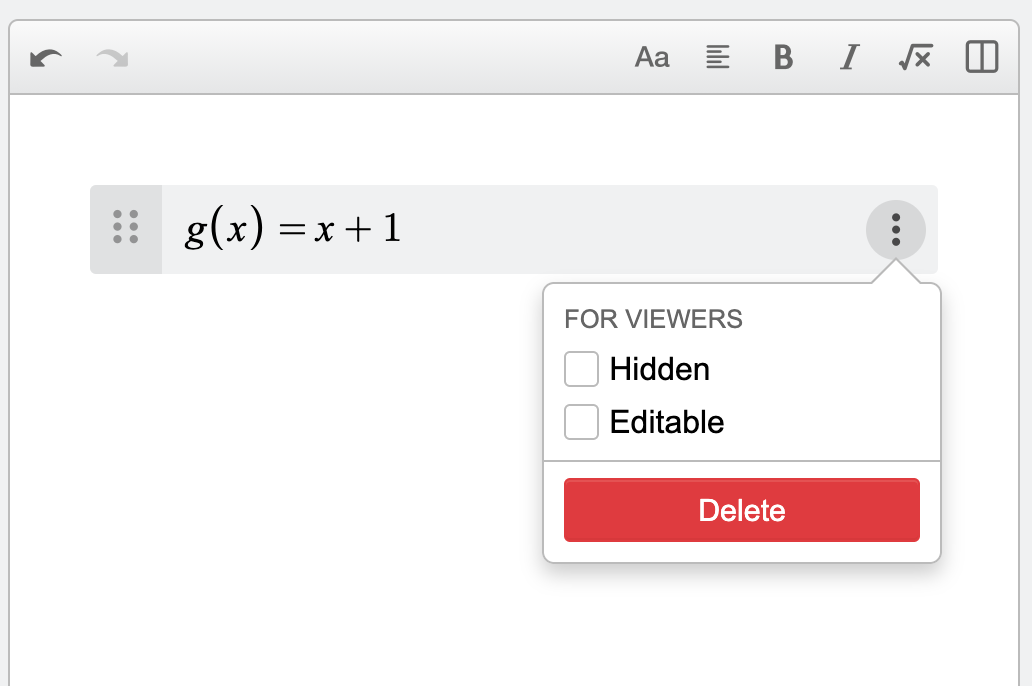 Screenshot of an expression line with an options menu showing Hidden or Editable checkboxes for the expression and an option to delete the expression.
