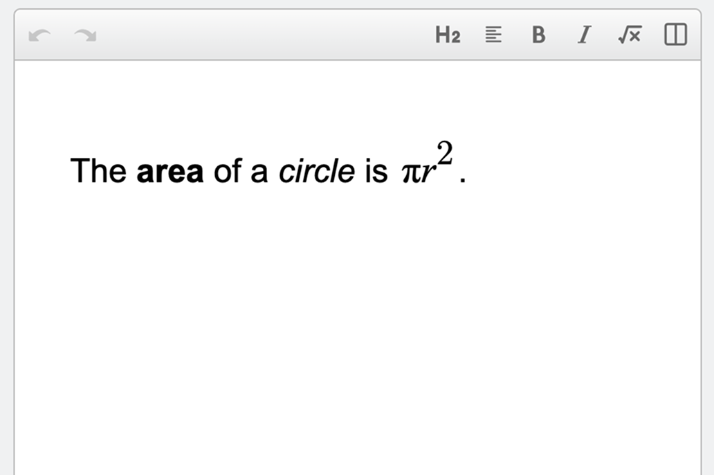 Screenshot of a text item on a page showing the sentence “The area of a circle is pi*r^2” with “area” in bold and “circle” in italics.
