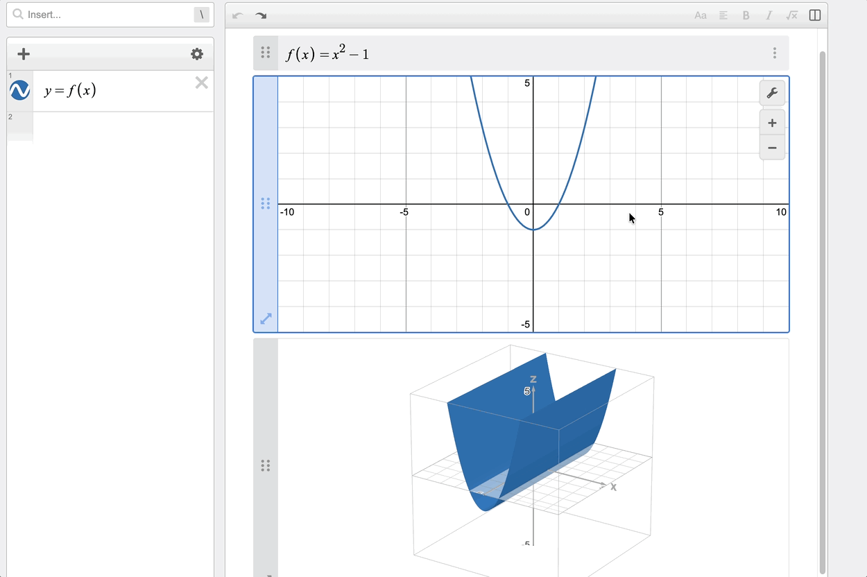 Animation of the editor showing three items (an expression line, a graph, and a 3D graph) being rearranged by inserting a column then dragging a graph using its handle.