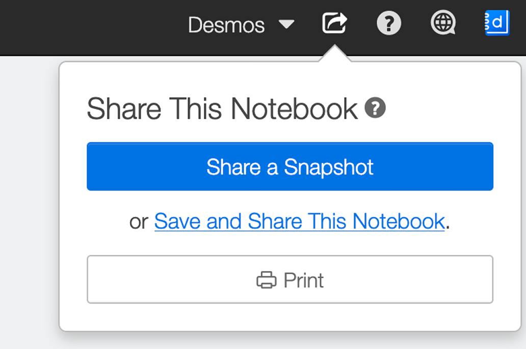 Screenshot of the “Share This Notebook” pop up showing an option to Share a Snapshot, Save and Share This Notebook, or Print.