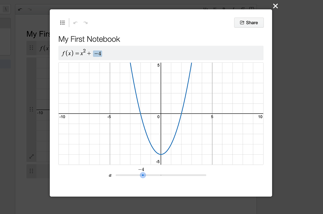 Screenshot of a shared notebook preview titled “My First Notebook” showing an expression line, slider, and graph.