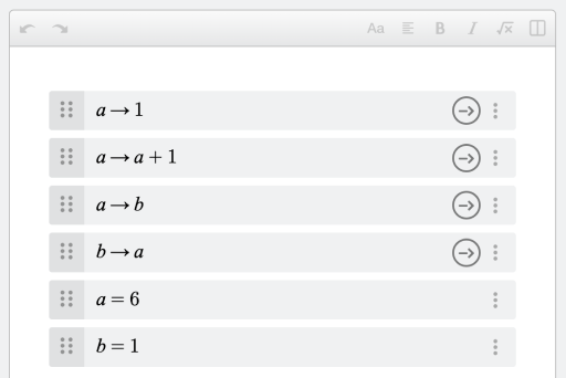 Screenshot of four different actions in expression lines in Notebook. a → 1. a → a + 1. a → b. b → a. Currently a is six and b is one.