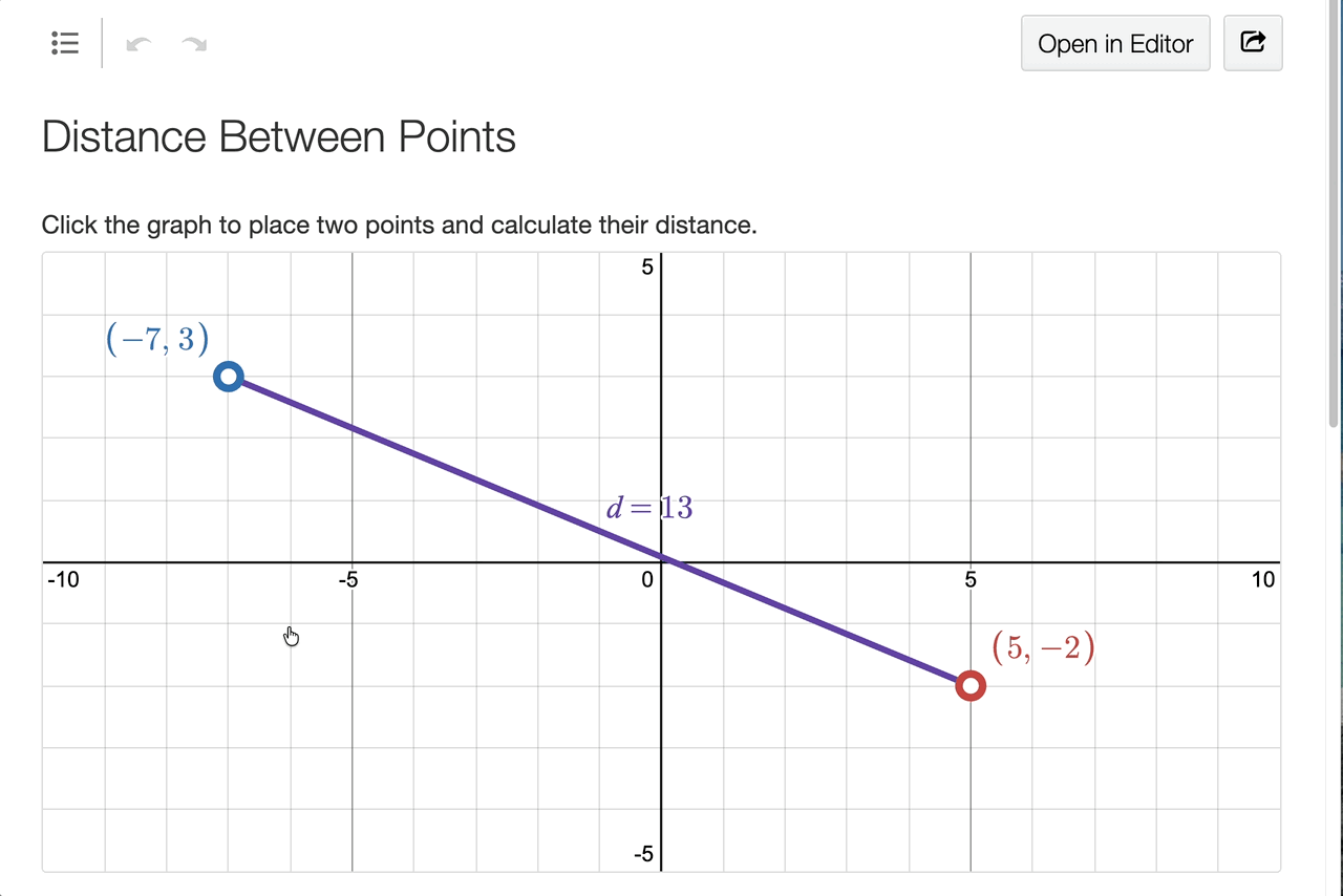 Gif of a Notebook starting with a segment from -7, 3 to 5, -2 with a distance of 13. As the graph is clicked, the distance is recalculated.