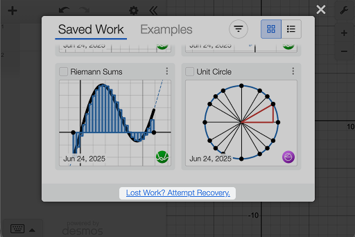Save work window, highlighting the where the 'Lost Work? Attempt Recovery' link is located. Screenshot.