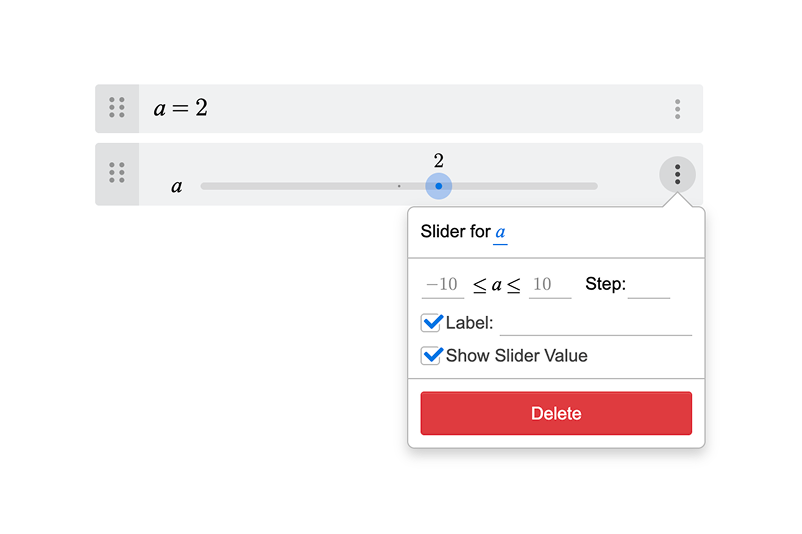Screenshot of a slider item with its options menu open showing a range of 0 to 10, Label and Show Slider value checked, and a “Go to Definition” button.