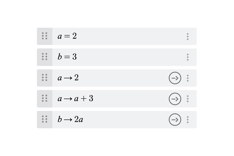Screenshot showing five expression lines: a=2, b=3, a→2, a→a+3, and b→2a, with the last three expressions showing an Action icon.