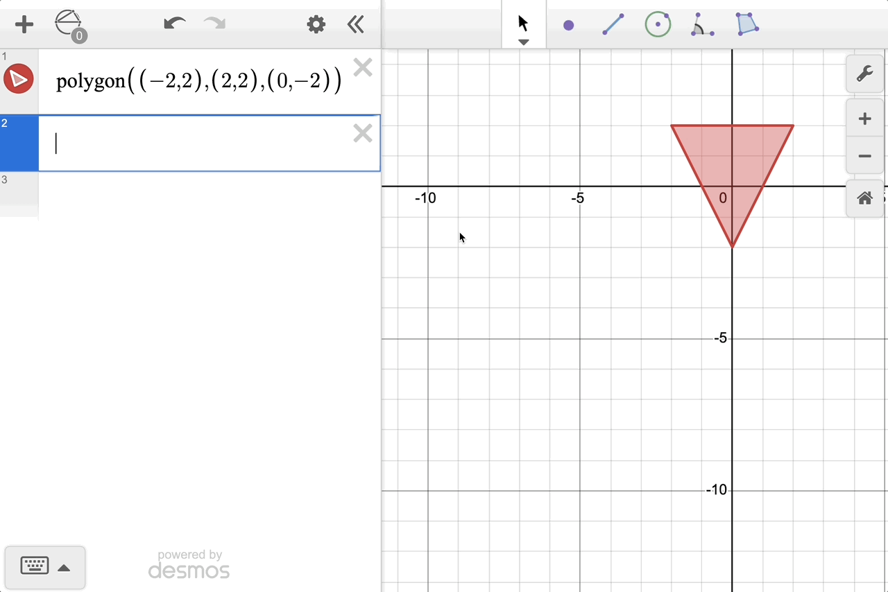 Graph showing \operatorname{polygon}\left((-2,2),(2,2),(0,-2)\right). Then using the polygon function and plotting points in the graph paper to create a polygon. GIF