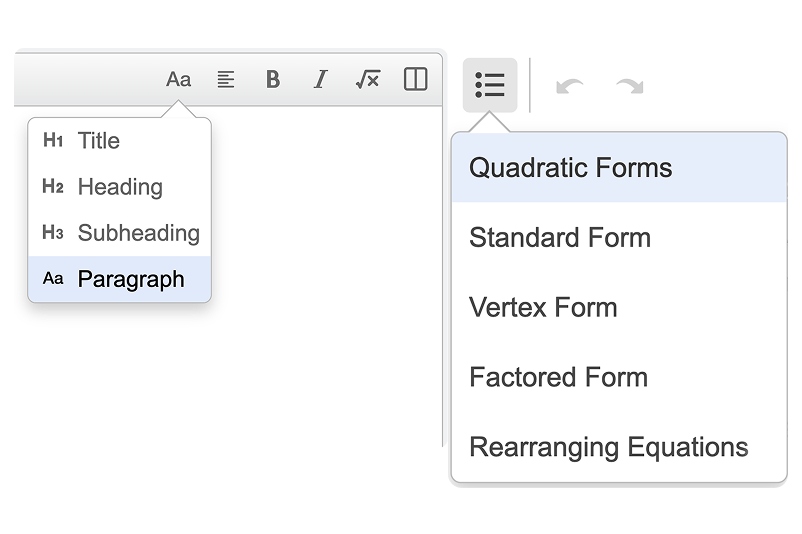 Paragraph style dropdown menu and table of content in preview mode. Screenshot