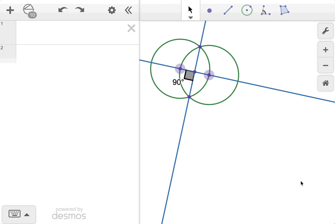 GIF showing a perpendicular line construction, using a draggable point to enlarge the construction, then using the box select tool to drag the construction around the graph paper.