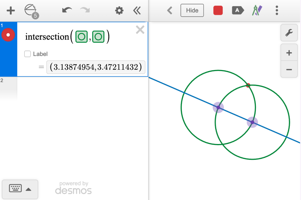 Screenshot of two circles with intersection of two circles in the expression list that evaluates to the intersection coordinates.
