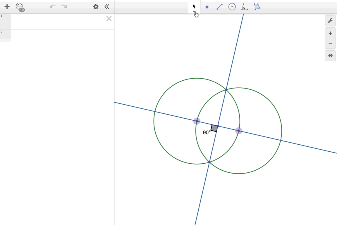 GIF showing a perpendicular line construction with two circles, hiding the circles, and using the more options button to move the lines into a folder in the expression list.