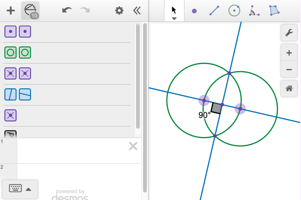 Graph of two overlapping circles and perpendicular lines graphed in the overlap. The token navigator is open. Screenshot.