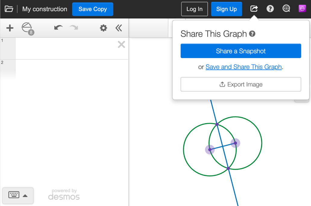 Screenshot of “My construction” graph with the share menu open.