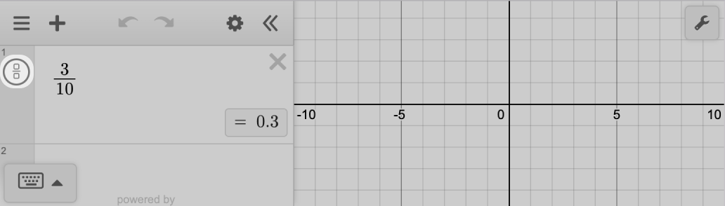 Calculator convert to fraction icon highlighted in a callout box in the expression list. screenshot.