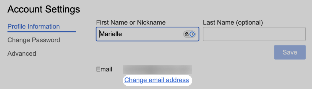 Account Settings menu, with profile tab selected and change email address highlighted. screenshot.