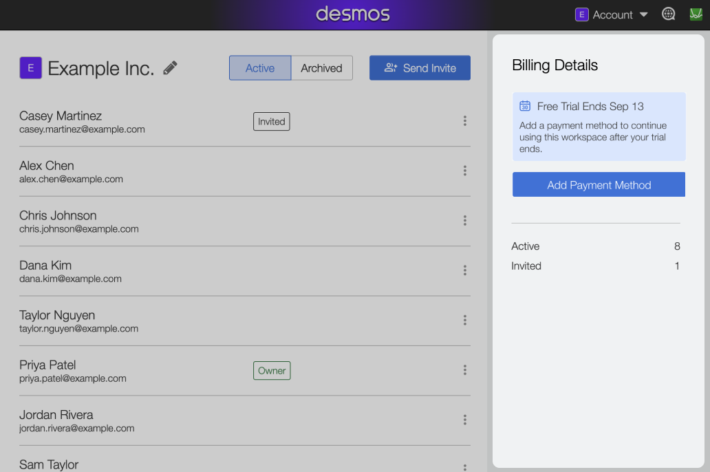 Screenshot of team dashboard highlighting the Billing Details side panel.