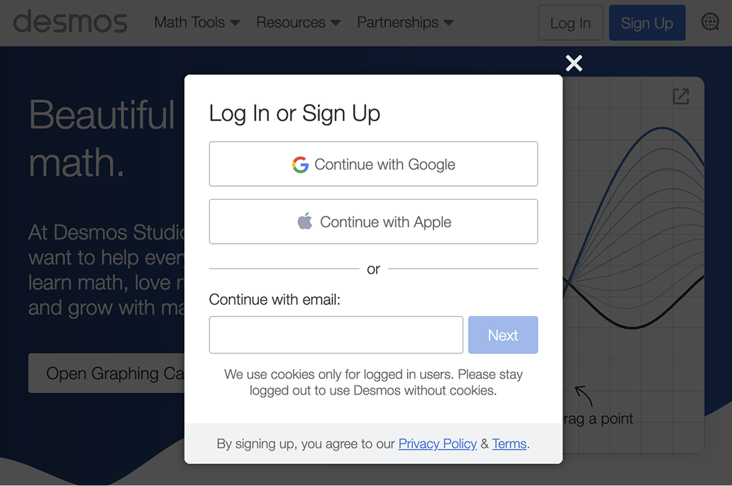 Screenshot of www.desmos.com showing Log In or Sign Up pop up with continue with Google or Apple or email options. 