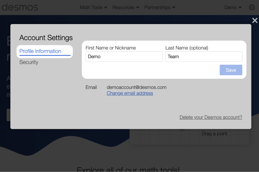 Screenshot of Desmos 