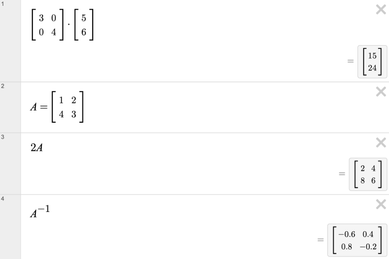 Four expression lines in the calculator. The first line shows the multiplication of a 2x2 matrix and 2x1 matrix, resulting in a 2x1 matrix. The second line shows a matrix defined as A. The third line shows the expression 2A, which scales the matrix by 2. The third shows A raised to negative one, which finds the inverse of the matrix. Screenshot.