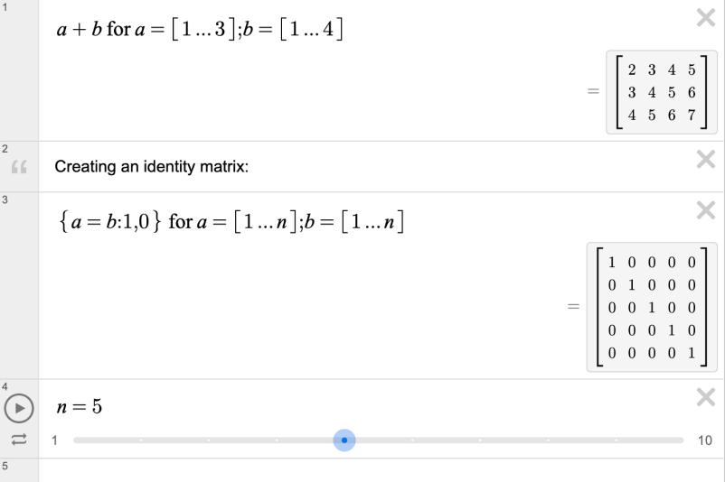 Three expression lines. The first two show examples of using matrices and list comprehension. The third line defines the variable n. Screenshot.